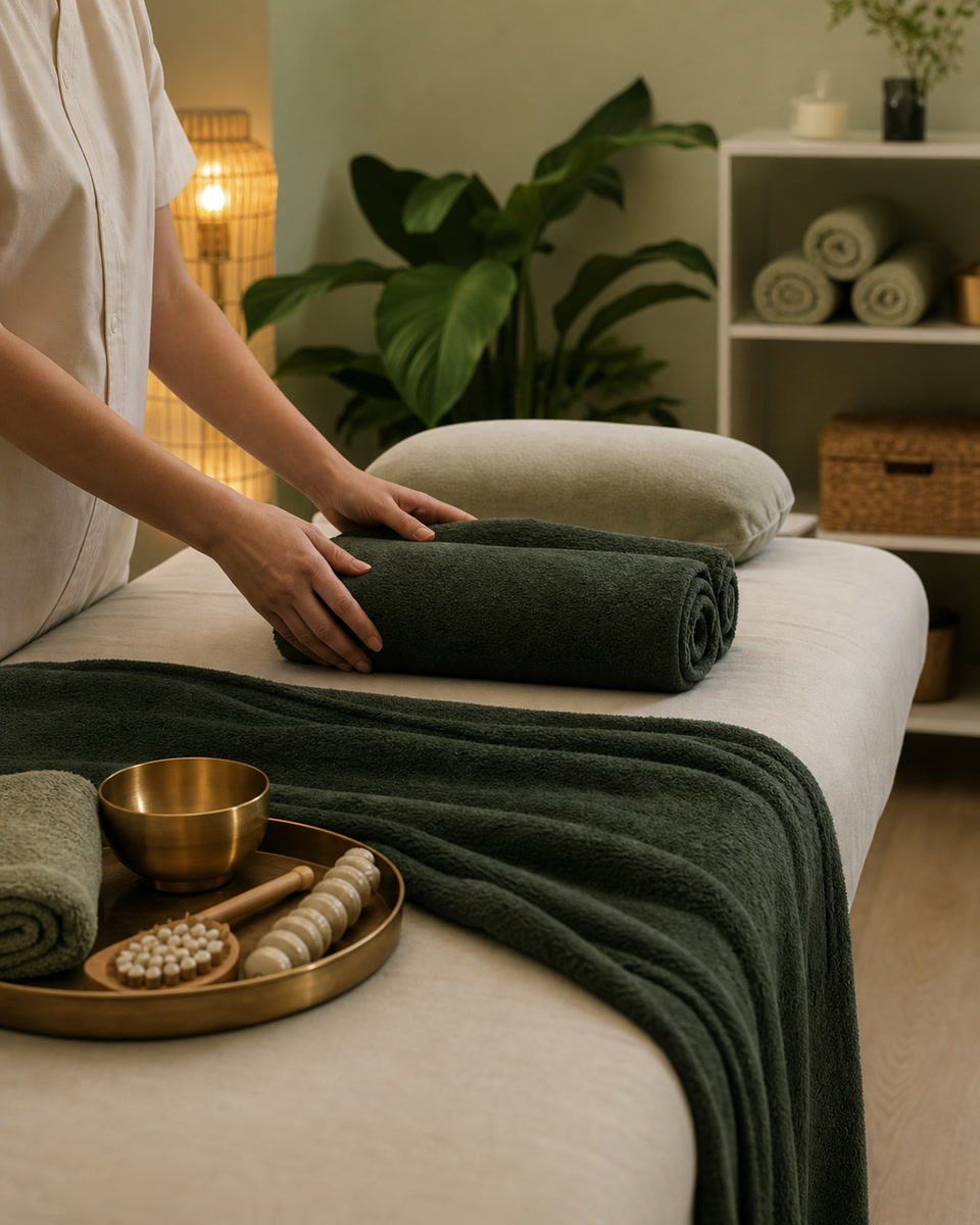 Lymphatic drainage setup with forest towels and massage tools