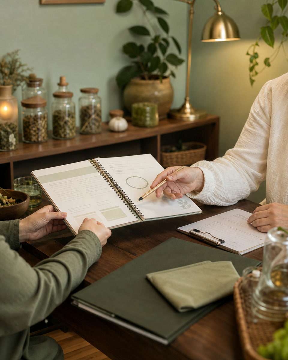 Naturopathy consultation with wellness notebook and botanical details