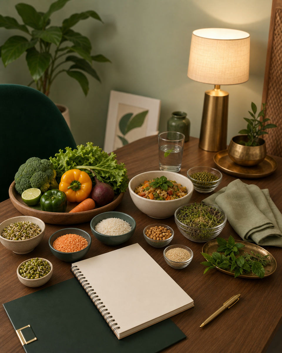 Nutrition guidance table with whole foods and planning notebook