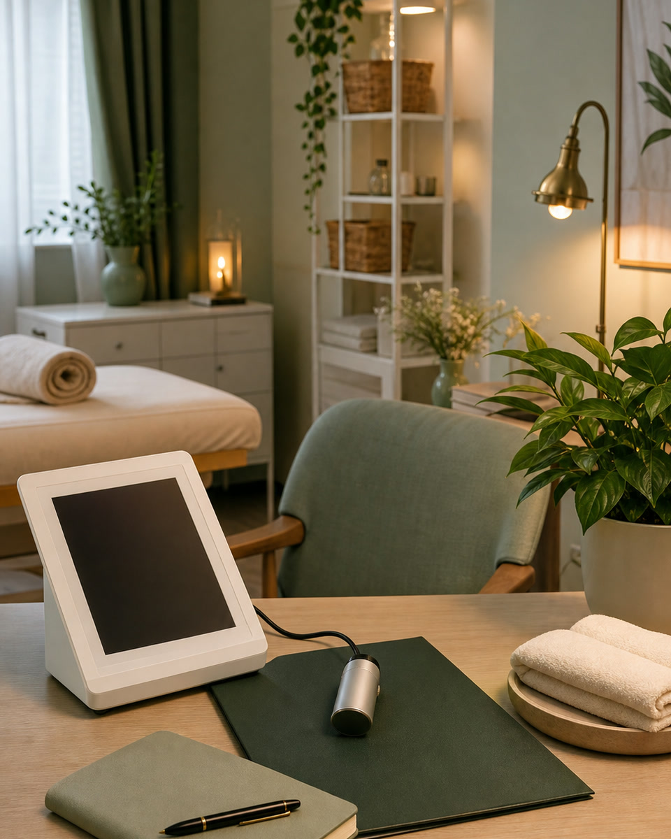 Quantum body analyzer setup in a calm naturopathy consultation room