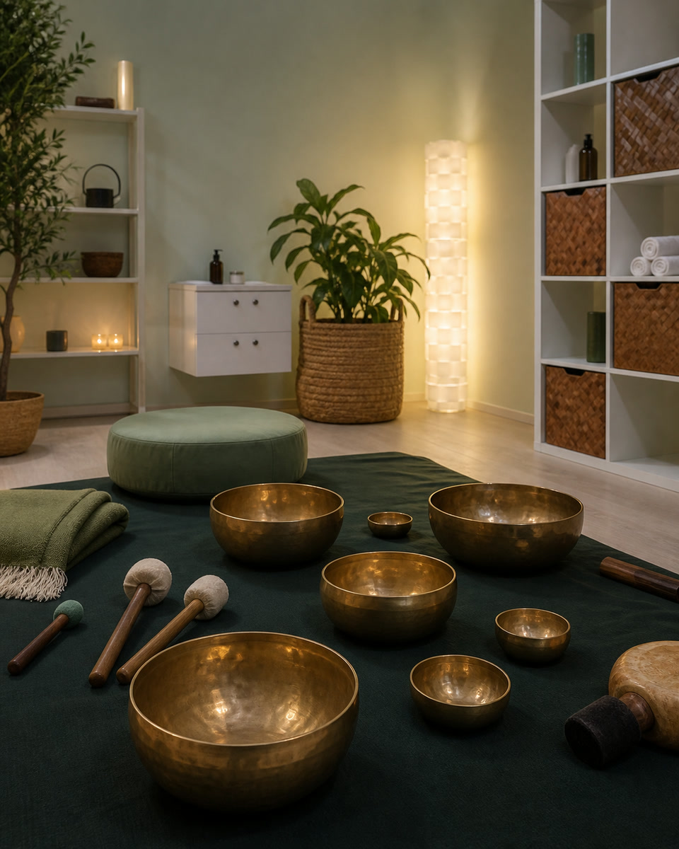 Brass singing bowls arranged for sound healing