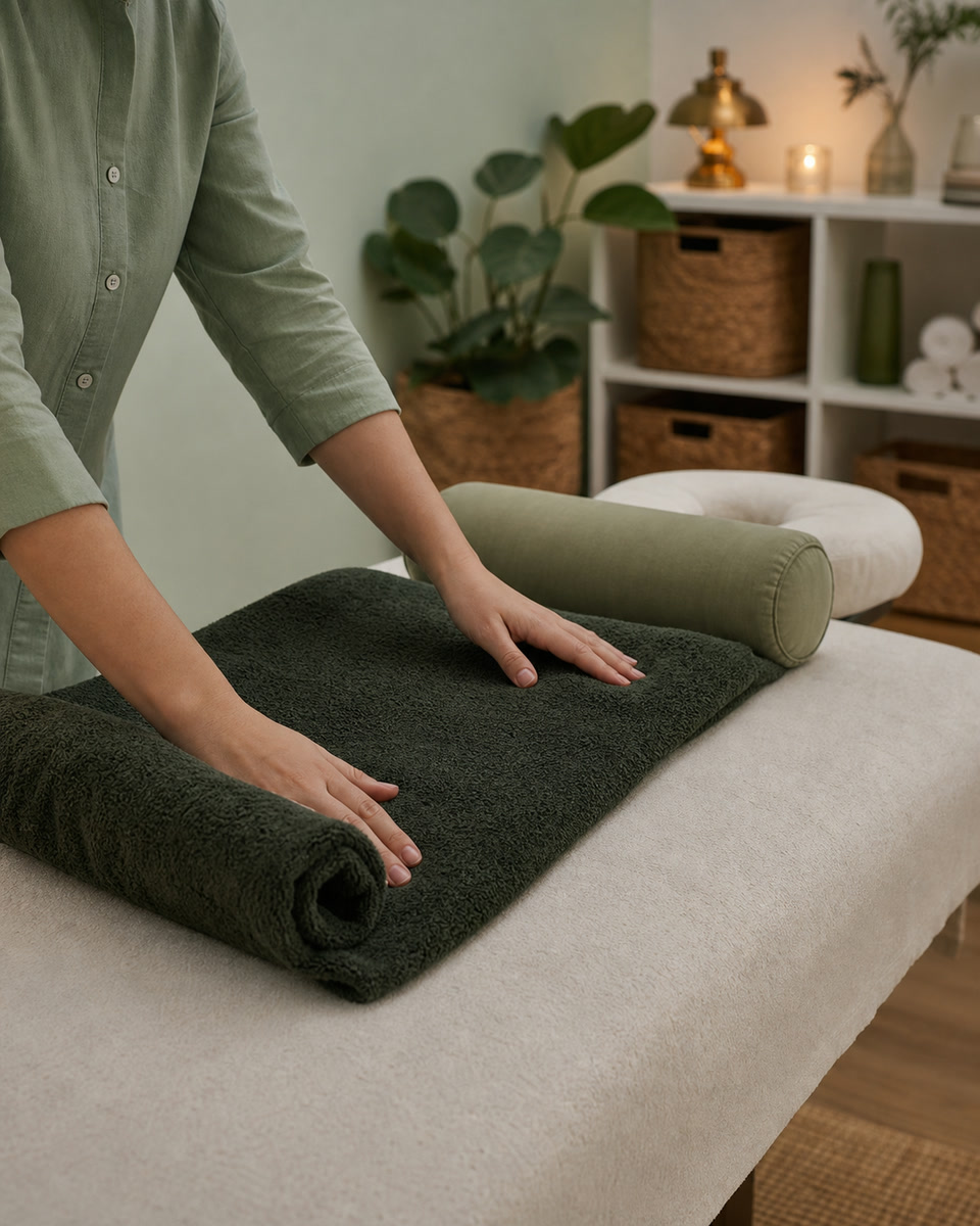Prepared therapeutic massage table with forest green towels